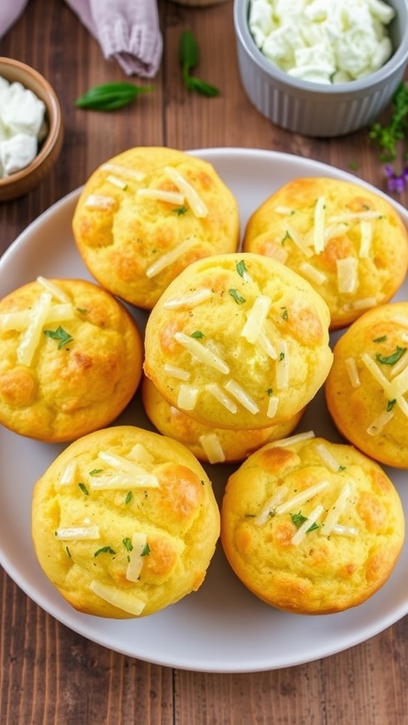 Savory Keto Cottage Cheese Muffins Recipe Golden brown savory keto cottage cheese muffins on a plate, garnished with herbs and cheese.